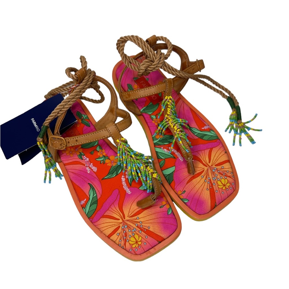 Farm‎ Rio NWT Pink Floral Pietra Sandals NEW Beaded Ankle Tie up sz 8